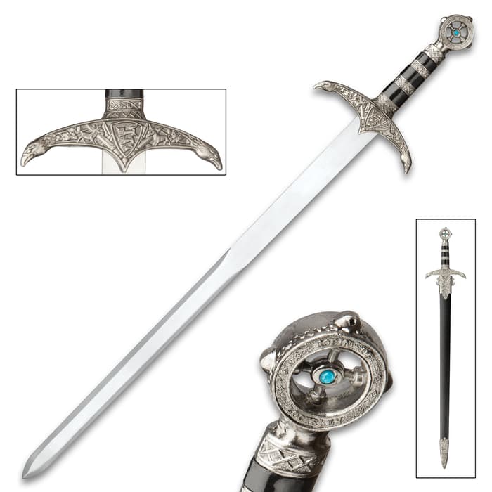 Robin Hood Sword of Locksley - Stainless Steel Display Sword - Ornate Hilt, Eagle Crossguard - Robin of Locksley, Earl of Huntington Blue Jewel Pommel - Matching Scabbard - Medieval Middle Ages - 29"