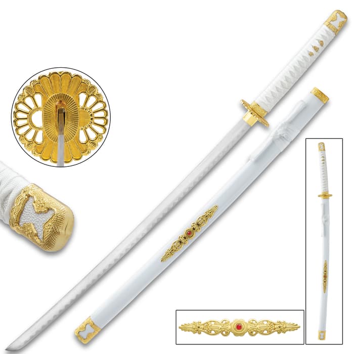 White Lotus Katana With Scabbard - High Carbon Steel Blade, Metal Alloy Fittings, Wooden Scabbard - Length 39”