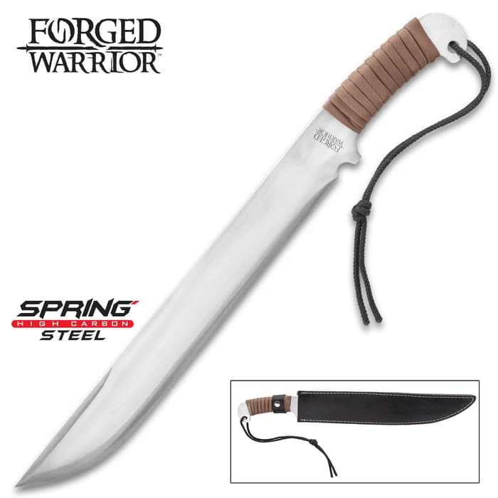 Forged Warrior Short Sword And Sheath - One-Piece Spring Steel Construction, Leather Wrapped Handle, Wrist Lanyard - Length 20”
