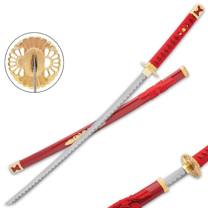 Red Lotus Katana With Scabbard - High Carbon Steel Blade, Metal Alloy Fittings, Wooden Scabbard - Length 39”