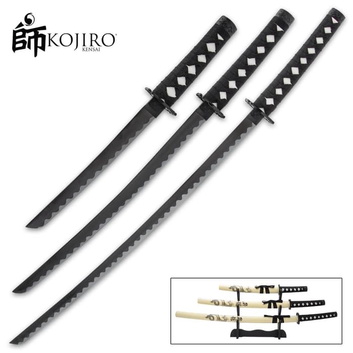 Kojiro Black Dragon Three-Piece Sword Set - 1045 Carbon Steel Display Blades, Cord-Wrapped Handles, Wooden Scabbards