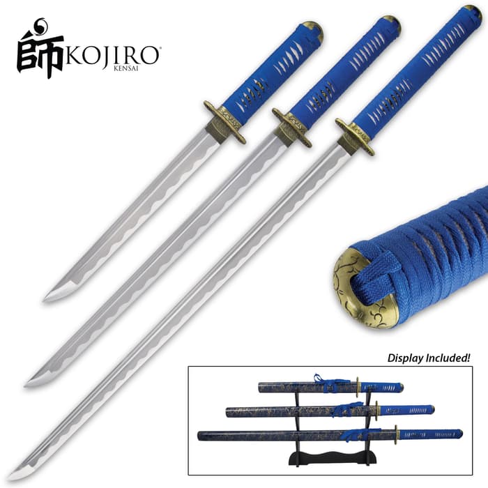 Kojiro Blue Mikado Sword Set - 1045 Carbon Steel Blades, Hardwood Handles, Cord-Wrapped, Metal Tsubas