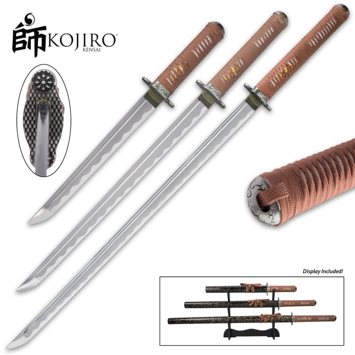 Kojiro Brown Samurai Set - 1045 Carbon Steel Blades, Cord-Wrapped Handles, Metal Tsubas, Three Swords