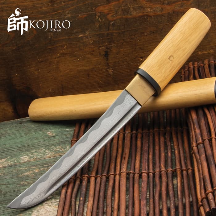 Kojiro Bamboo Tanto Sword And Scabbard - Damascus Steel Blade, Wooden Handle, Black Brass Accents - Length 14 1/2”