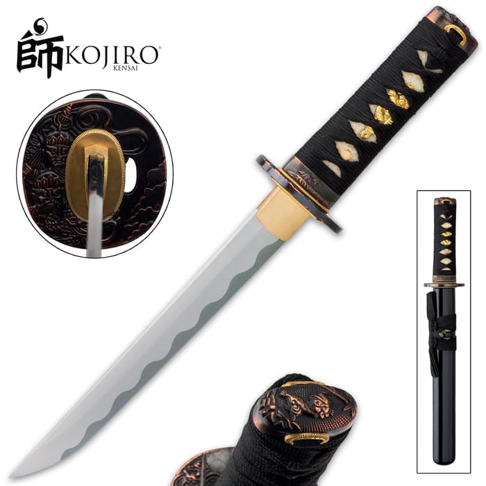 Kojiro Ebony Tanto Sword And Scabbard - 1045 Carbon Steel Blade, Hardwood Handle, Genuine Ray Skin - Length 15 1/4”