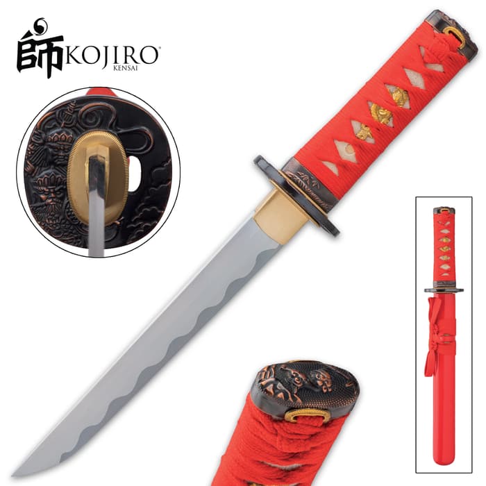 Kojiro Crimson Tanto Sword And Scabbard - 1045 Carbon Steel Blade, Hardwood Handle, Genuine Ray Skin - Length 15 1/4”