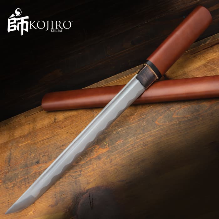 Kojiro Brownwood Tanto Sword And Scabbard - 1045 Carbon Steel Blade, Wooden Handle, Black Brass Accents - Length 18 1/2”