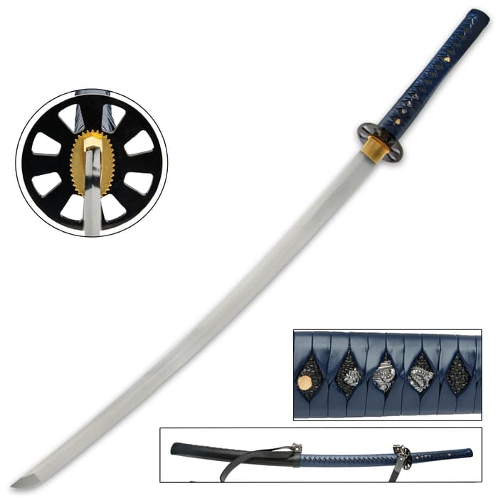 Blue Zombie Slayer Katana And Scabbard - High Carbon Steel Blade, Faux Leather-Wrapped Handle, Brass Habaki - Length 39 1/2”