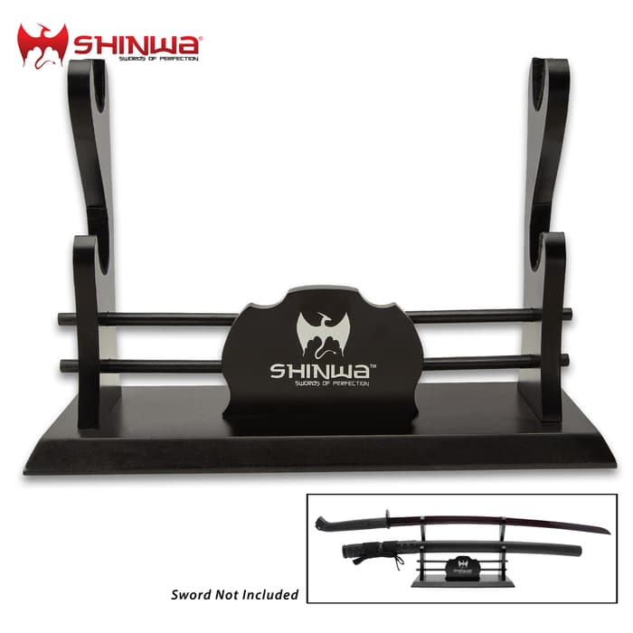 Shinwa black two-tier sword stand shown with and without swords. 
