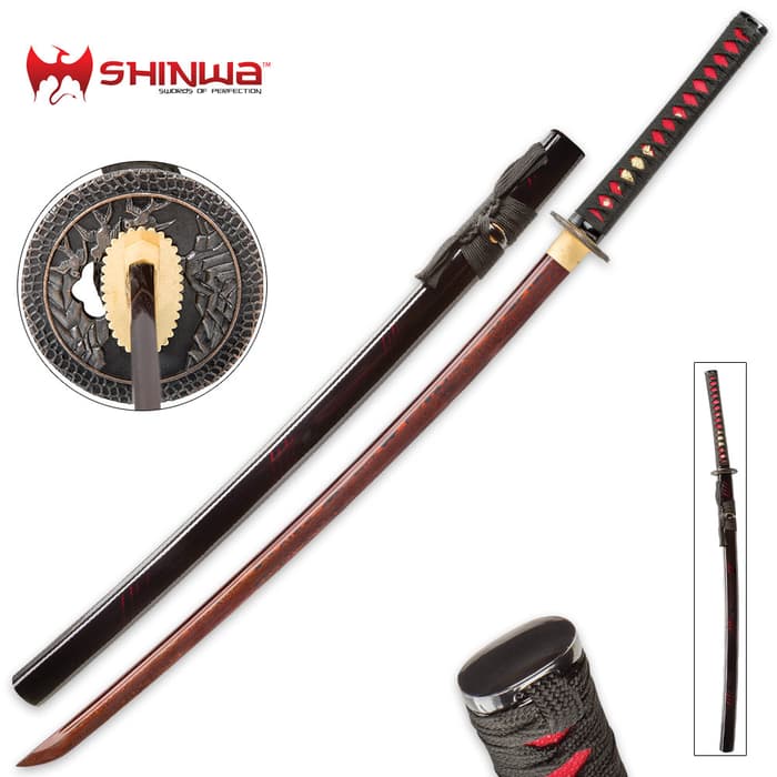 Shinwa Incendiary Handmade Katana Samurai Sword - Exclusive Hand Forged Red And Black Damascus Steel - Genuine Ray Skin - Ornate Tsuba / Guard Design - Fully Functional, Battle Ready