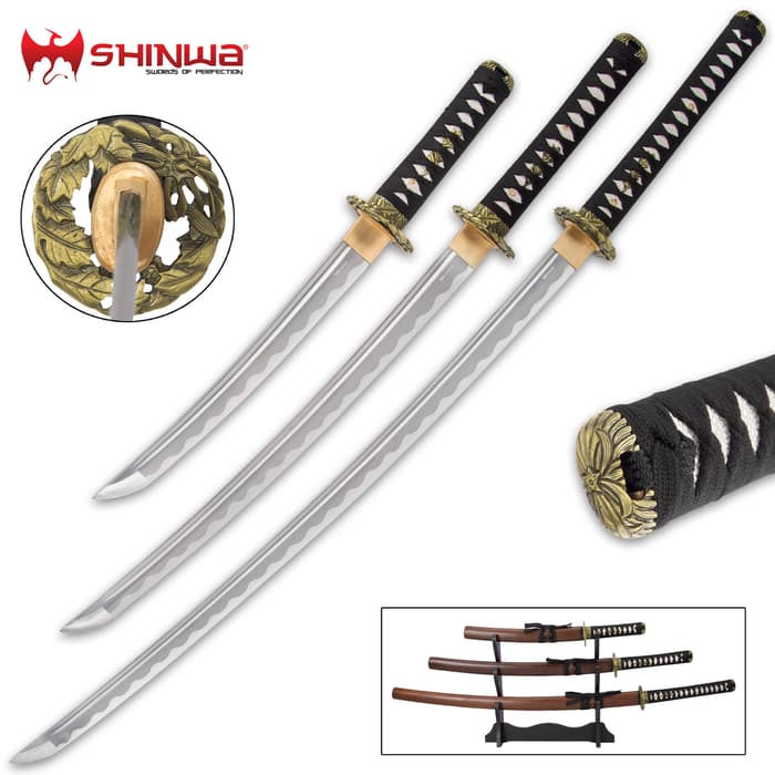 Shinwa Brown Wooden Samurai Set - 1045 Carbon Steel Blades, Hardwood Handles, Cord-Wrapped, Metal Alloy Tsubas