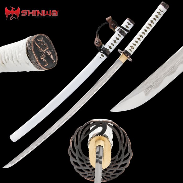 Shinwa White Genesis Tachi And Scabbard - Hand-Forged Damascus Steel Blade, Leather Cavalry Hanging Hardware