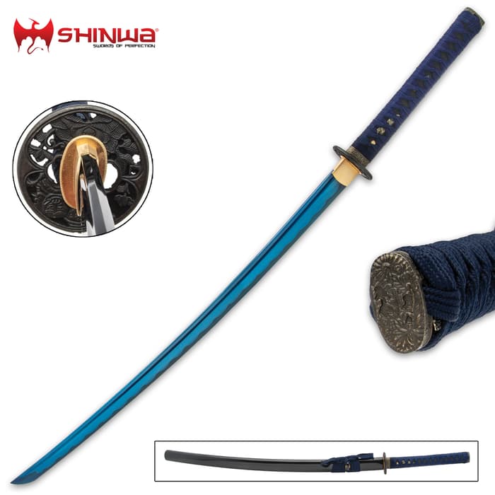 Shinwa Blue Majesty Samurai Sword And Scabbard - 1060 High Carbon Steel Blade, Genuine Rayskin, Hardwood Handle - Length 39”