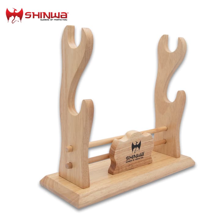 Shinwa Double Sword Stand - Natural Wooden Construction, Rubber Feet - Overall Dimensions 13”x 4 3/4”x 11 1/2”