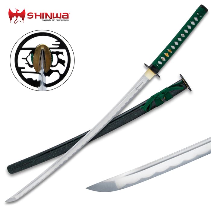 A view of the Shinwa Jade Defender Katana in and out of scabbard