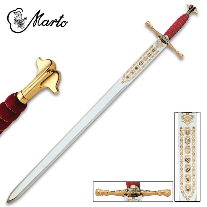 Marto Sword of Charles V shown with shields down the blade and ornate guard and pommel. 