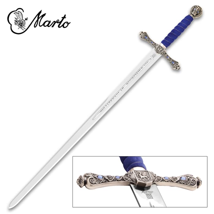 Marto Sword of the Black Prince shown with bright blue handle with blue accents on the pommel and guard. 