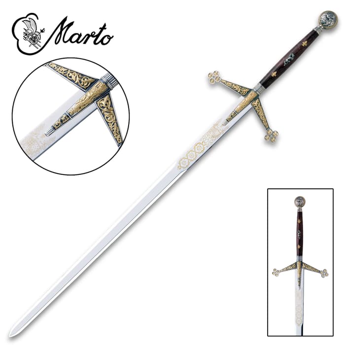 Marto Silver and Gold Claymore shown with zoomed view of the detailed guard and brown handle with ornamentation. 