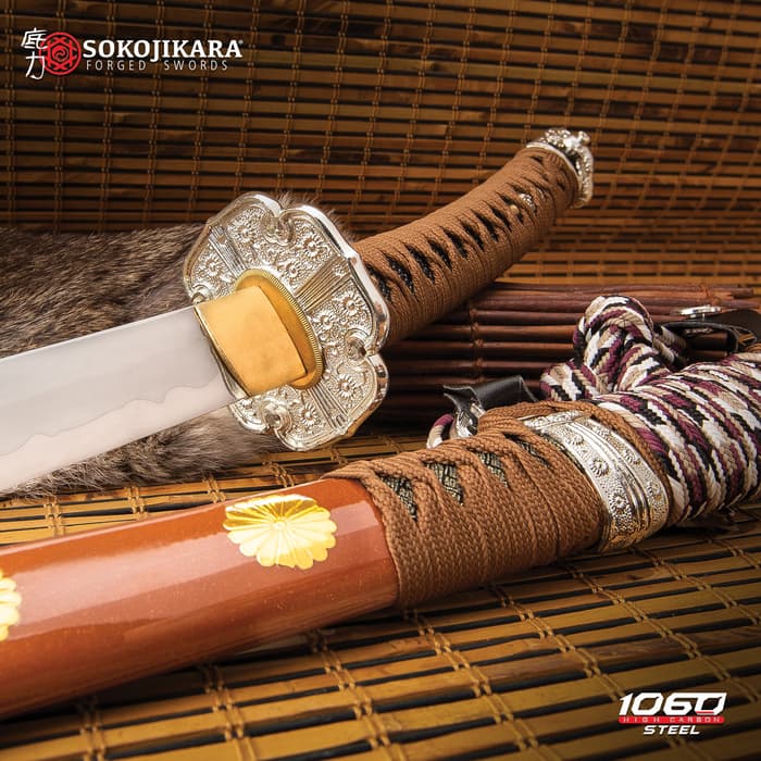 Sokojikara Natsukashii Handmade Tachi / Samurai Sword - 1060 Carbon Steel, Clay Tempered, Hand Forged - Genuine Rayskin - Brown Saya - Fully Functional, Battle Ready, Full Tang - 41"