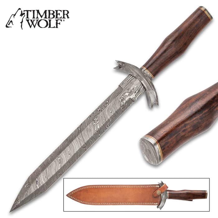 Timber Wolf Myrmidon Short Sword With Sheath - Damascus Steel Blade, Wooden Handle, Damascus Guard, Brass Spacers - Length 18 1/4”