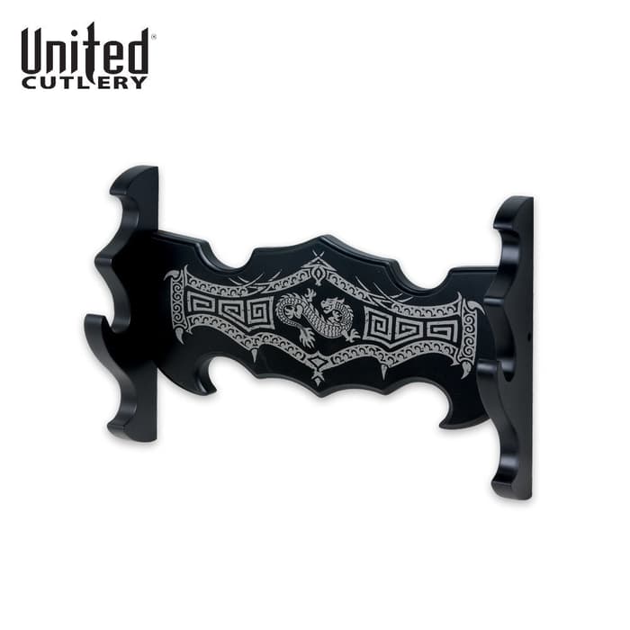 United Cutlery oriental wall sword display with notch for hanging one sword, adorned with gray oriental dragon design on black wood. 