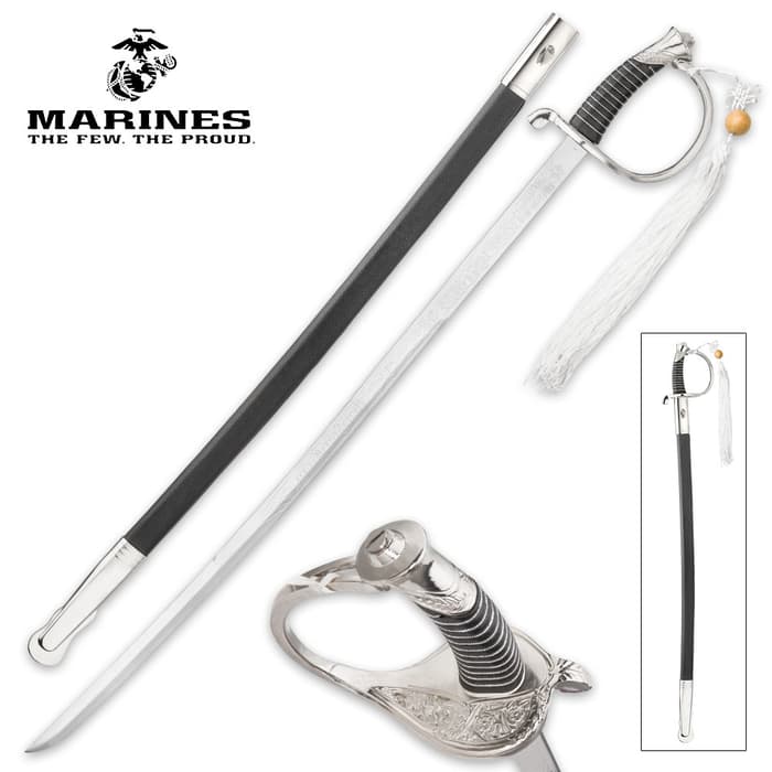 USMC Ceremonial Saber Sword With Scabbard - Stainless Steel Embossed Blade, Faux Leather Scabbard, Officially Licensed - Length 35”