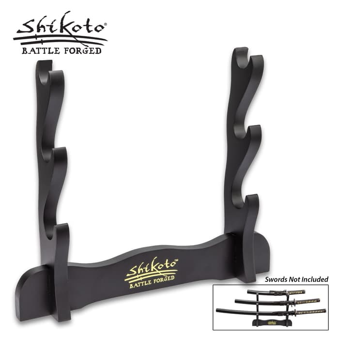 Shikoto Lonquan Master Three-Sword Display Stand - Premium Wooden Construction, Sleek Black Finish, Table-Top Design