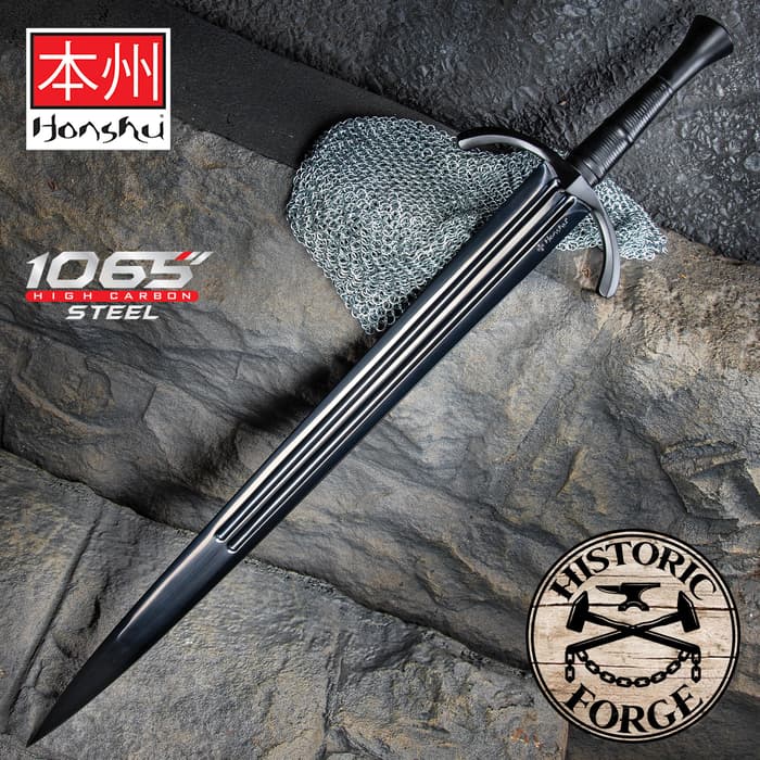 Honshu Historic Forge Single-Hand Sword And Scabbard - Black 1065 High Carbon Steel Blade, Leather-Wrapped Wooden Handle - Length 40”
