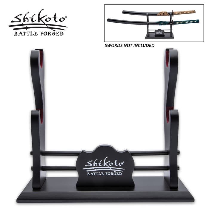 Shikoto Double Sword Display Stand - Wooden Construction, Black Lacquered Finish