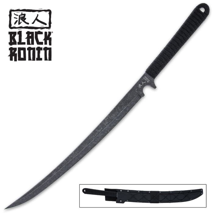 Black Ronin Black Combat Wakizashi Sword And Sheath - Stainless Steel Blade, Cord-Wrapped Handle - Length 27”