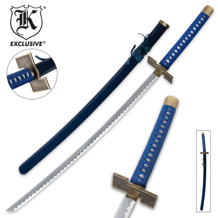 K Exclusive Grimmjow Zanpakuto sword from various angles with zoomed view of the “Z” shaped guard and blue cord handle. 
