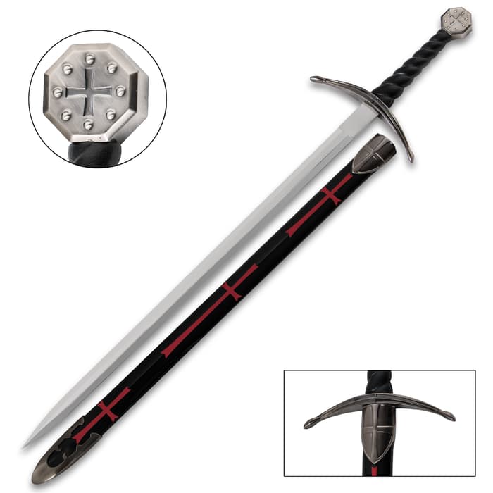 Historic Knights Templar Broadsword shown with red crosses down the scabbard and cross designs on the pommel and guard. 
