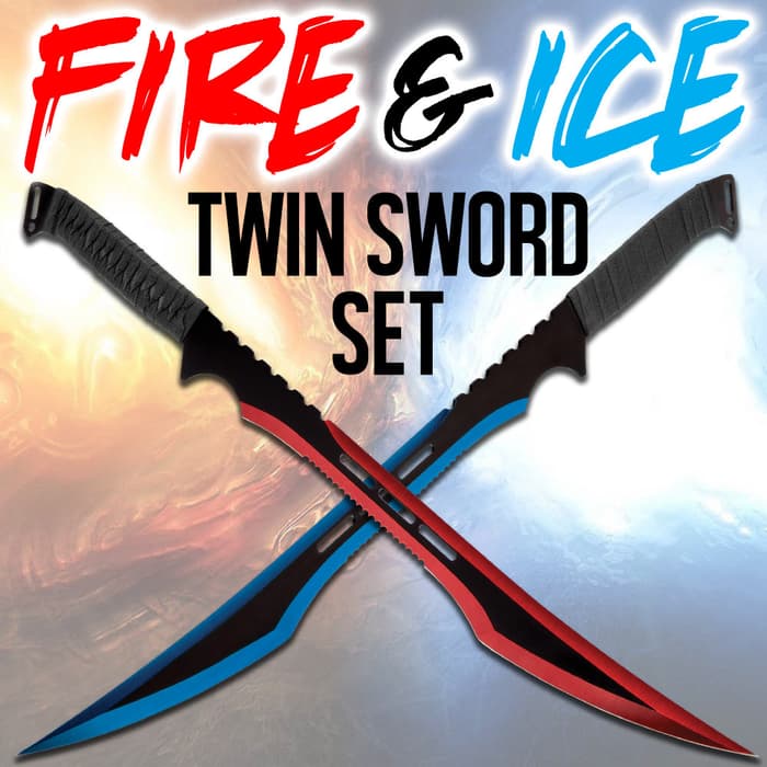 Graphic with red and blue twin sword set overlapping with black nylon double sheath