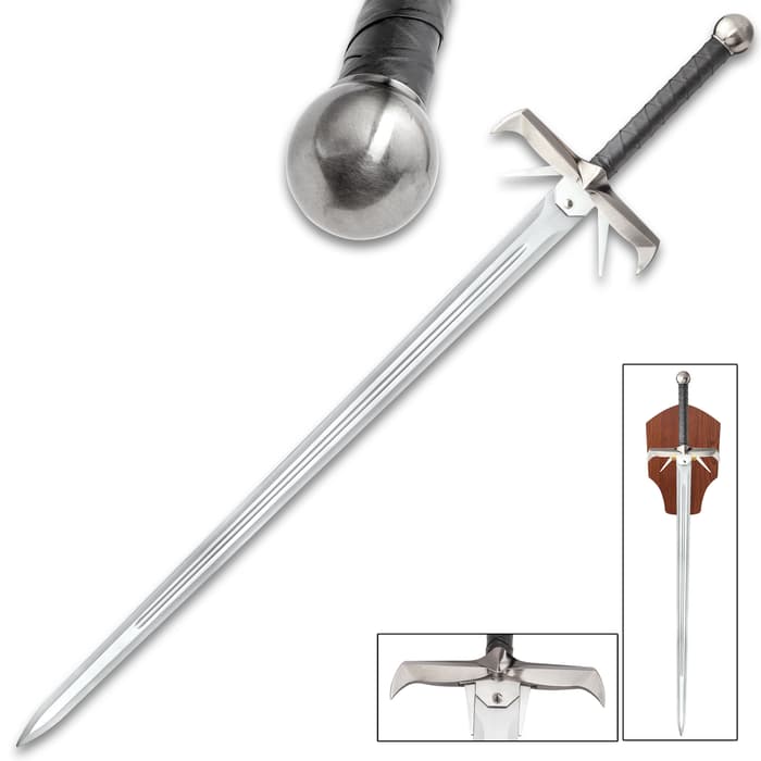 Spiked Sword Of The Highlands And Display Plaque - Stainless Steel Blade, Faux Leather Wrap, Metal Alloy Handle - Length 49 1/2”