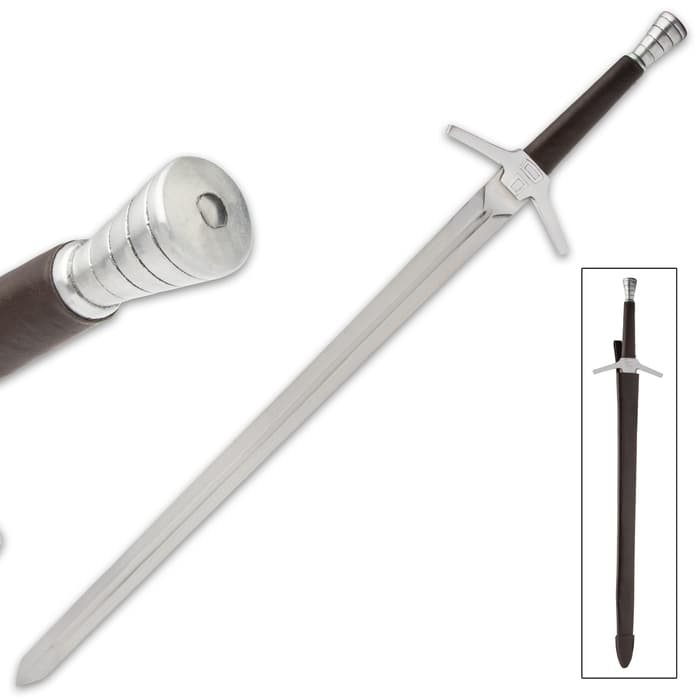 Witching Sword And Scabbard - Stainless Steel Blade, Wooden Handle, Leather Grip, Aluminum Cross-guard And Pommel