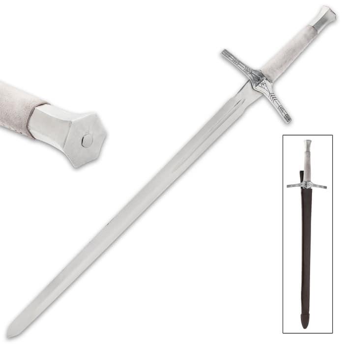 It has a full-tang, hand-forged 31” stainless steel blade with a display edge, which extends from an aluminum cross-guard