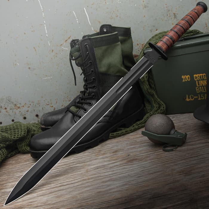 US 1942 Double-Edge Combat Sword And Sheath - AUS-6 Stainless Steel Blade, Leather Stacked Handle - Length 27 1/2”
