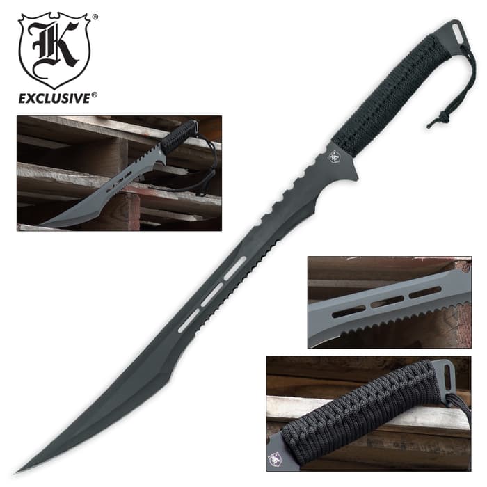 K Exclusive Secret Agent tactical sword shown from various views with focus on the black baked finish blade with teeth-like serrations and black nylon cord wrapped handle. 