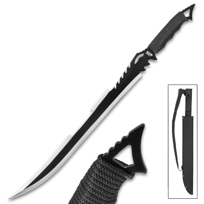Black Legion Death Stalker Sword shown with jagged cutouts on blade, black nylon sheath, and cord wrapped handle. 