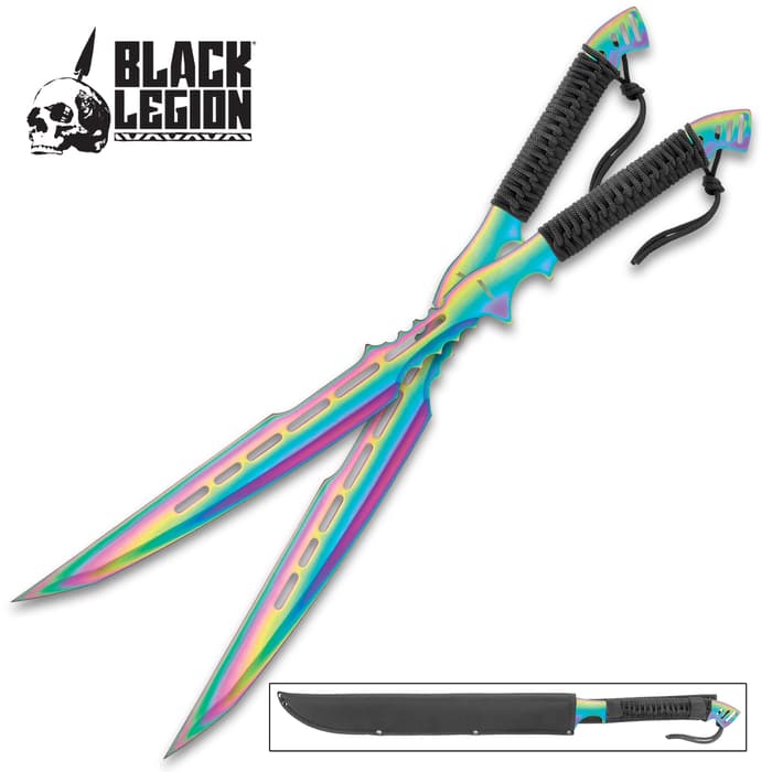 Black Legion Atlantis Two-Piece Sword Kit - Stainless Steel Construction, Rainbow Titanium Coating, Black Cord-Wrap - Length 28”