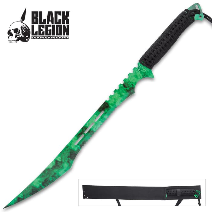 Black Legion Poison Cloud Ninja Sword With Sheath - Stainless Steel Construction, Partially Serrated, Cord-Wrapped Handle - Length 27”