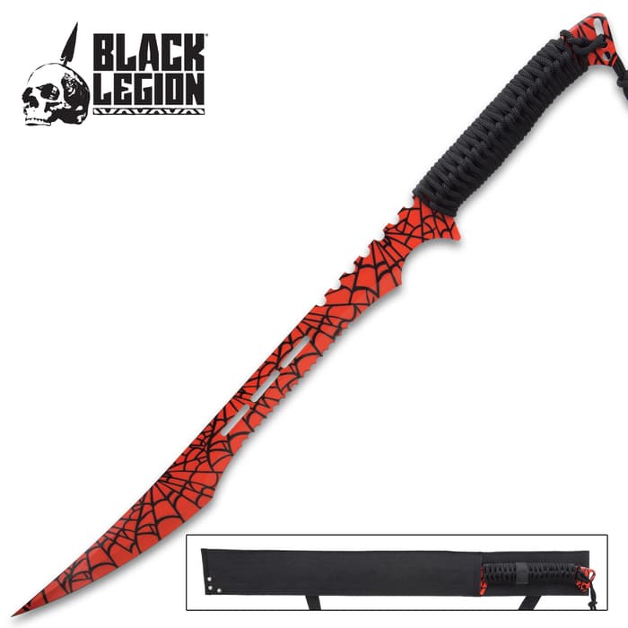 Black Legion Red Widow Ninja Sword With Sheath - Stainless Steel Construction, Partially Serrated, Cord-Wrapped Handle - Length 27”