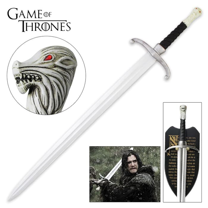 Game of Thrones Longclaw Sword shown held by character Jon Snow, on a wall display, and with detailed view of pommel. 