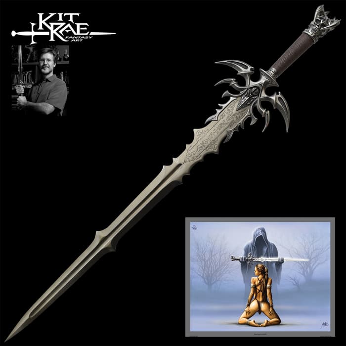 A view of the Kit Rae Vorthelok Sword and its custom art print