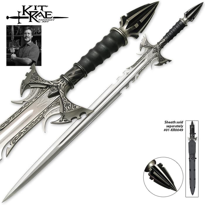 Kit Rae Sedethul Sword shown from various views including detailed show of cross guard and spiked pommel. 