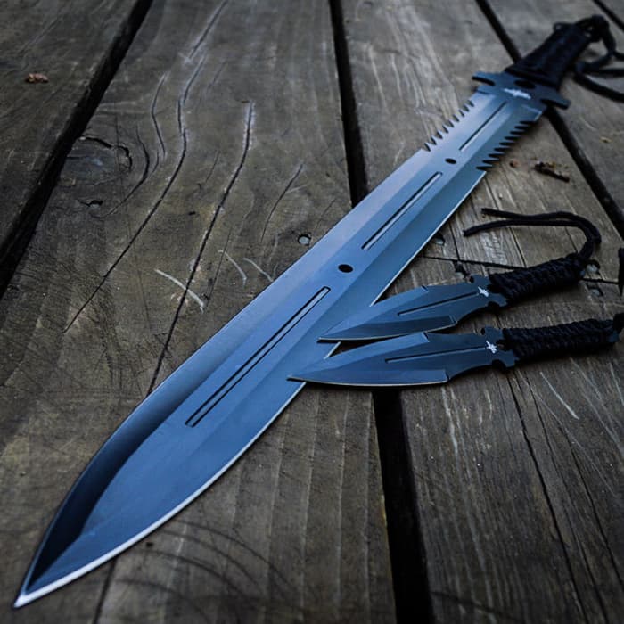 Black Ninja Samurai Machete Sword And Kunai Set - Full-Tang, Throwing Knives, Stainless Steel Construction