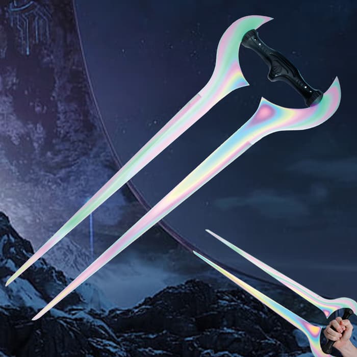Covenant fantasy sword shown with heat treated titanium coating, giving a rainbow effect to the blades. 