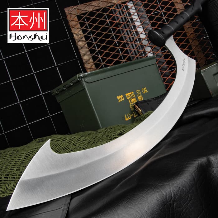 Honshu sickle shaped stainless steel blade with a black nylon handle
