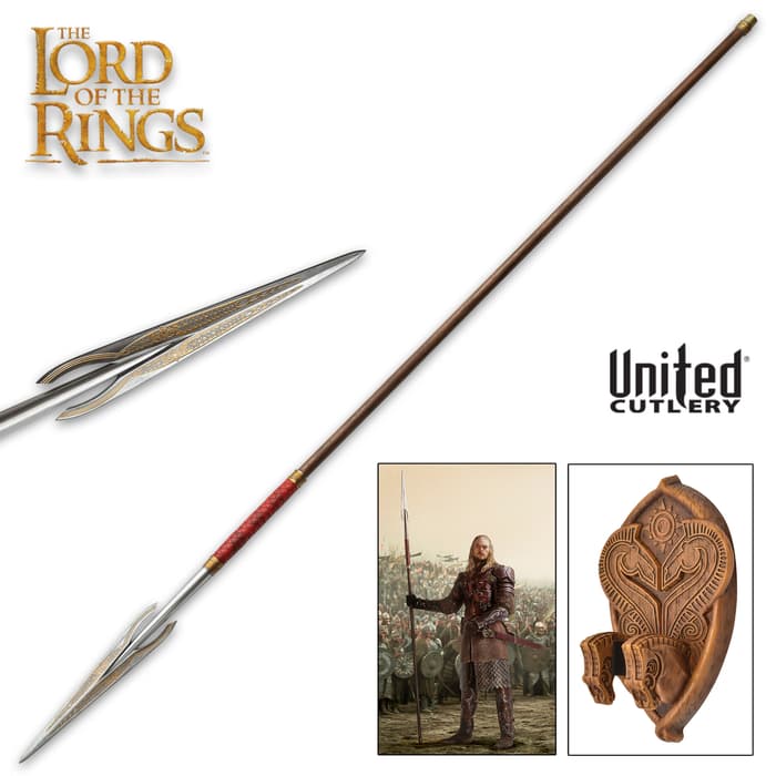 LOTR spear etched with details, crafted of wood with red accents at base of the spear head with wall display with engravings
