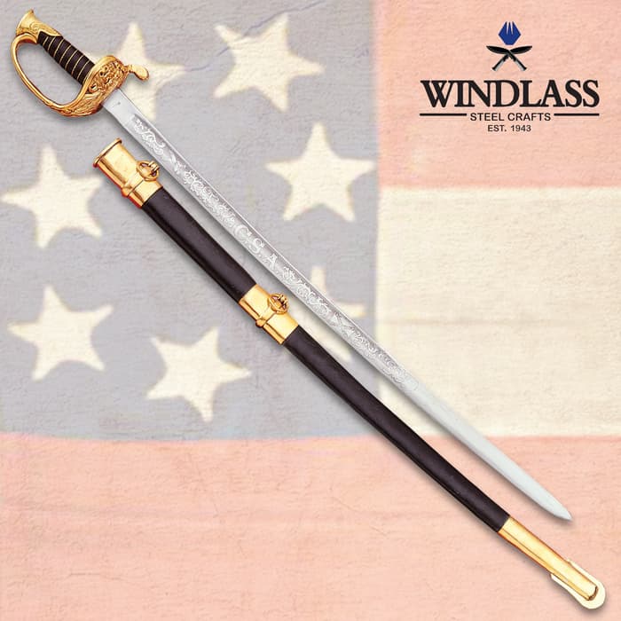 Confederate Staff And Field Officer Sword With Scabbard - 1095 High Carbon Steel Blade, Leather Handle, Brass Wire Wrapped - Length 36”